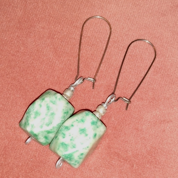 Tree Agate Chunk Faceted Stone Handmade Earrings Oversized Stainless Steel Wires - Picture 2 of 5